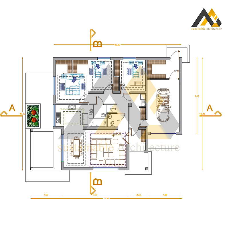 Plan of amazing 3 bedroom gable roof villa